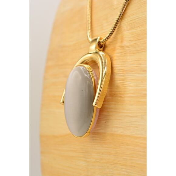 Talbots Vintage Necklace Heavy Cabochon Pink Gray Reversible Gold Signed BinN - Picture 9 of 12